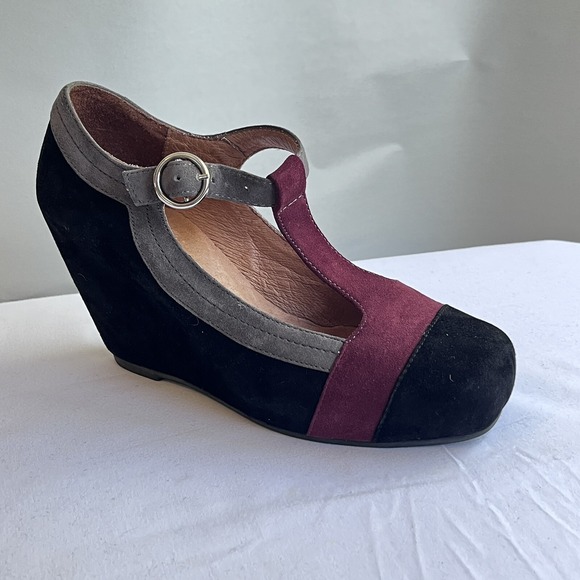 Jeffrey Campbell Darnell Suede Colorblock T-Strap Wedges 6.5 Retro Office Work - Picture 1 of 15